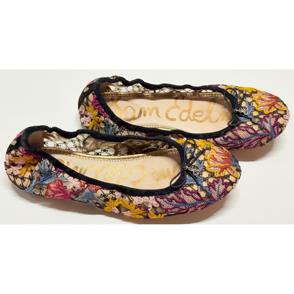 Sam Edelman Floral Embroidered Multicolor Ballet Flats - Black Trim